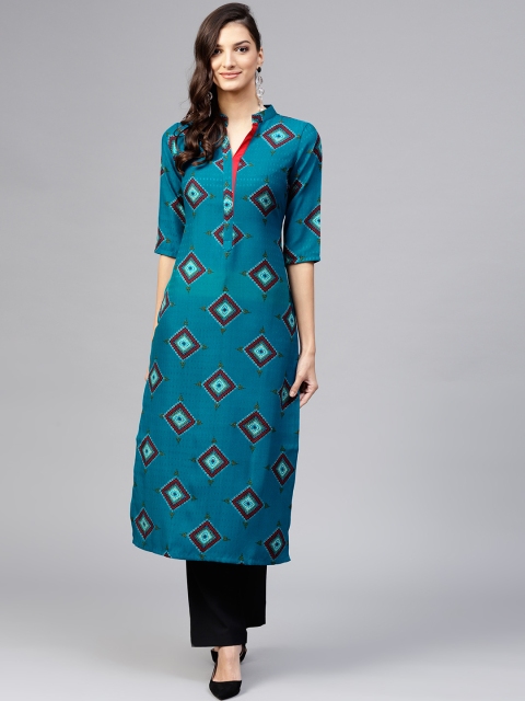 

Libas Women Teal Blue & Maroon Printed Straight Kurta