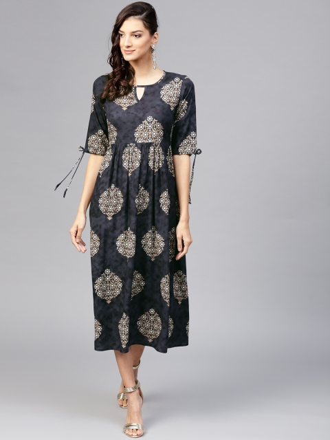 

Libas Women Charcoal Grey & Beige Printed Empire Dress