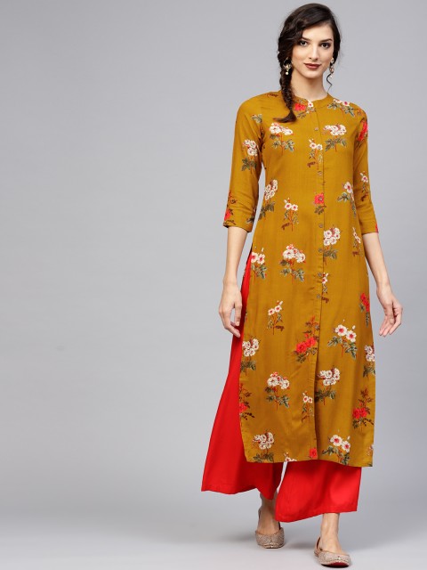 

Libas Women Mustard Yellow & White Printed Straight Kurta