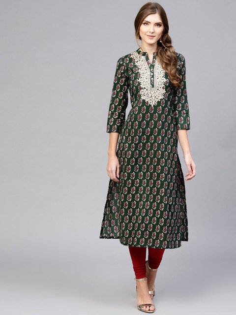 

Libas Women Green & Maroon Printed Straight Kurta