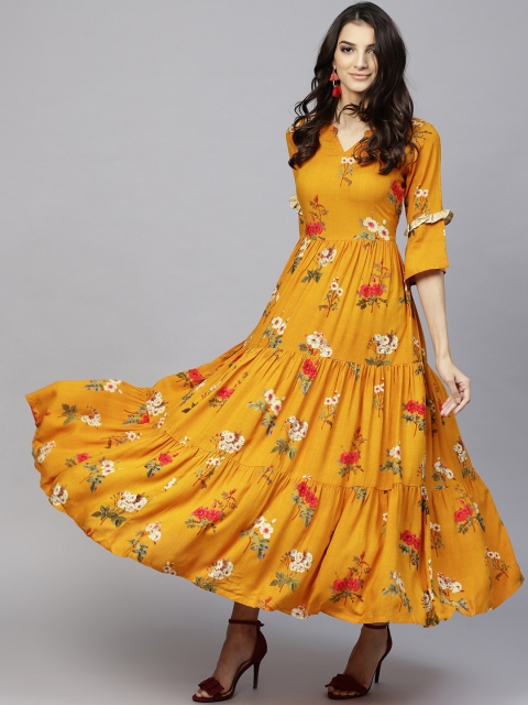 

Libas Women Mustard Yellow Printed Tiered Maxi Dress