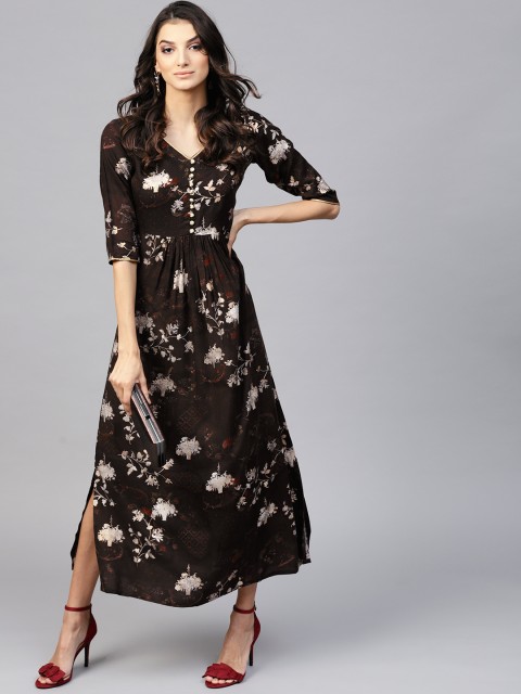 

Libas Women Brown & Golden Floral Print Maxi Dress