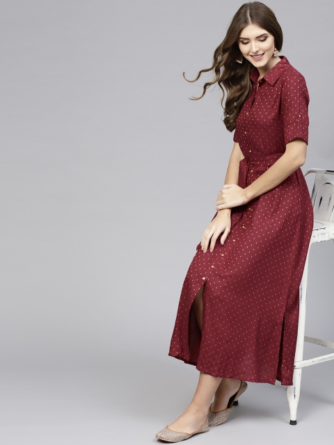 

Libas Women Maroon & Golden Self Design Maxi Dress