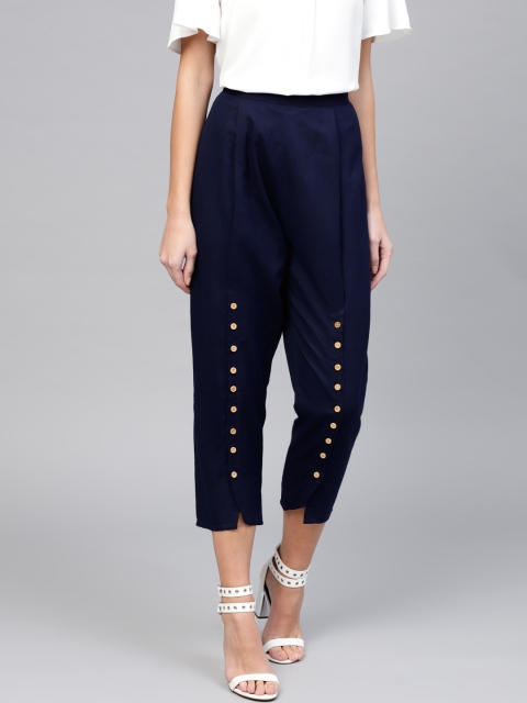 

Libas Women Navy Blue Straight Fit Solid Cropped Trousers