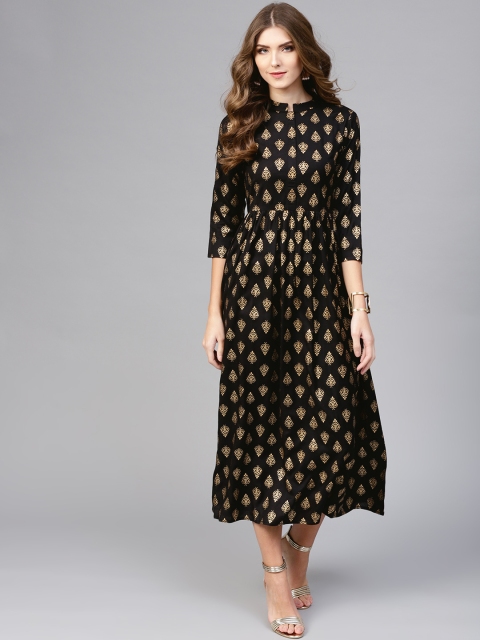

Libas Women Black & Golden Block Print Maxi Dress