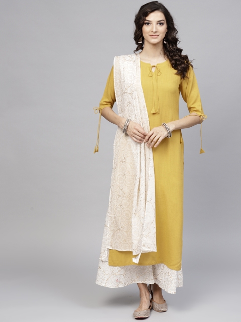 

Libas Women Mustard Yellow & Off-White Solid Kurta with Palazzos & Dupatta