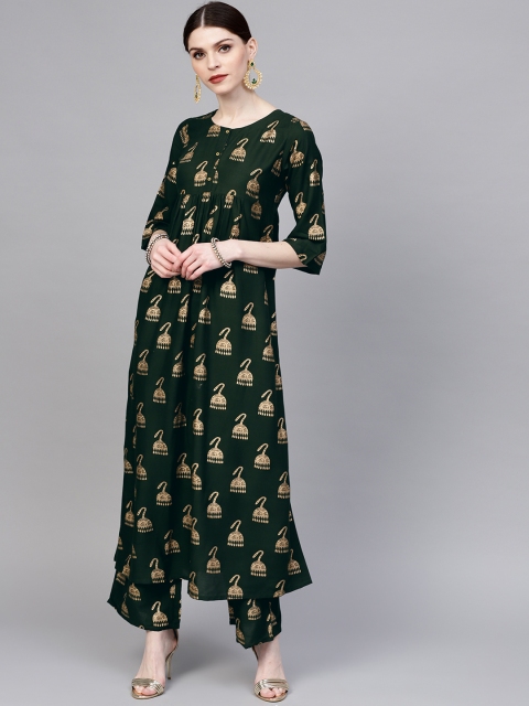 

Libas Women Green & Golden Printed Kurta with Palazzos