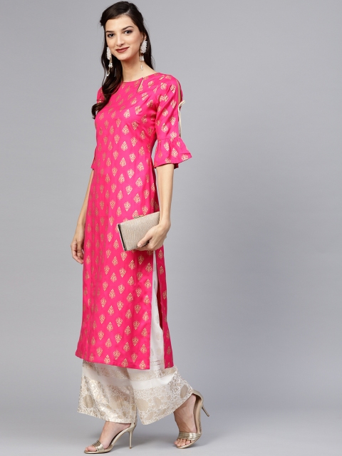 

Libas Women Pink & Golden Printed Straight Kurta