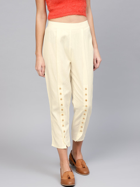 

Libas Women Off-White Straight Fit Solid Cropped Trousers