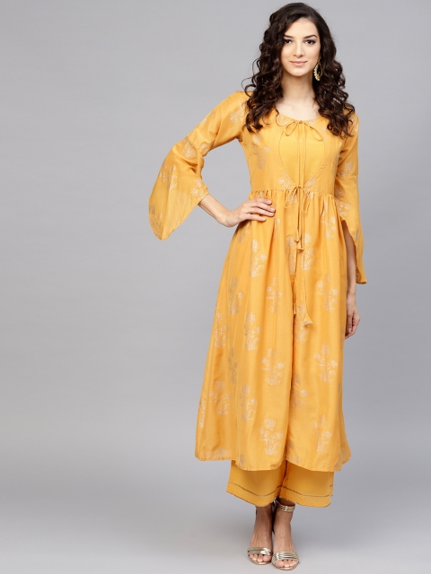 

Libas Women Mustard Yellow & Golden Block Print Kurta with Palazzos