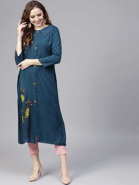 

Saree mall Women Teal Blue Solid Straight Kurta