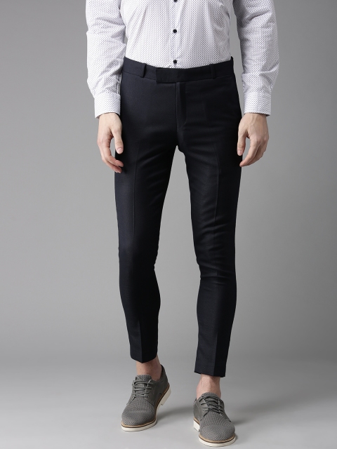 

DENNISON Men Navy Blue Tapered Fit Self Design Cropped Regular Trousers