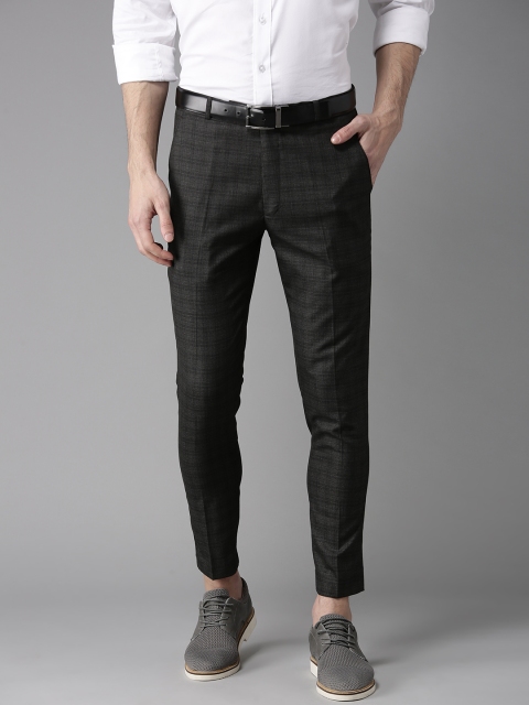 

DENNISON Men Charcoal Grey Tapered Fit Checked Cropped Regular Trousers
