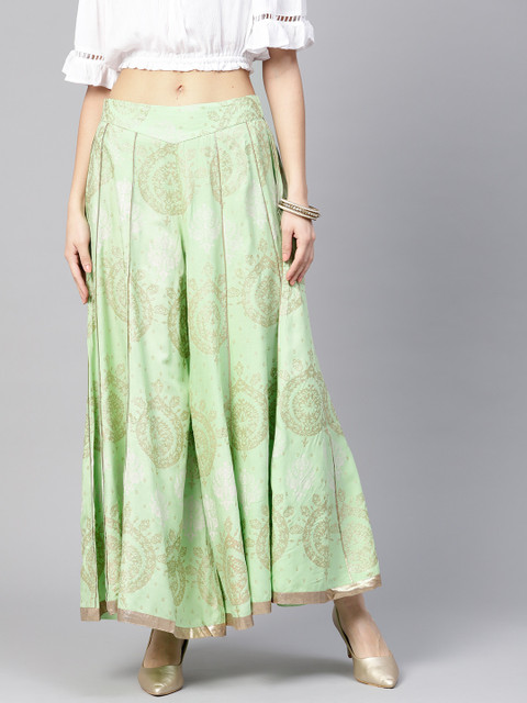 

W Women Green & Golden Printed Flared Palazzos