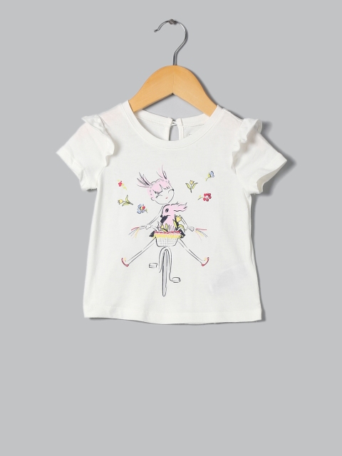 

GAP Girls White Printed Round Neck Ruffle T-shirt