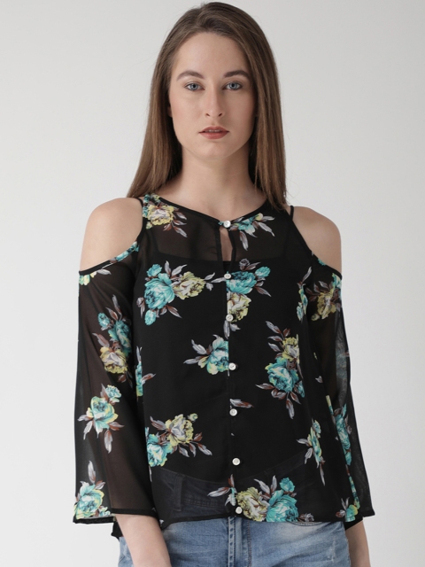 

The Vanca Women Black Floral Print Floral High-Low Top