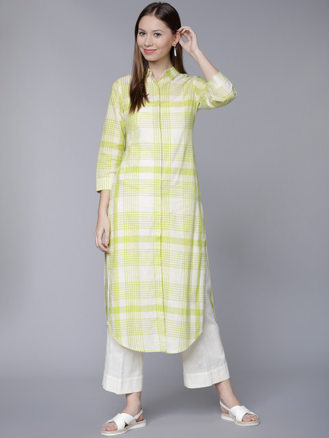 

Vishudh Women Cream-Coloured & Green Checked A-Line Kurta