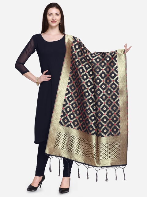 

Satrani Black & Gold-Toned Woven Design Poly Silk Banarasi Dupatta
