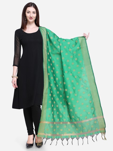 

Satrani Green & Gold-Toned Woven Design Banarasi Dupatta