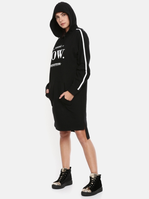 

Slumber Jill Women Black Printed Hooded High-Low Jumper Dress