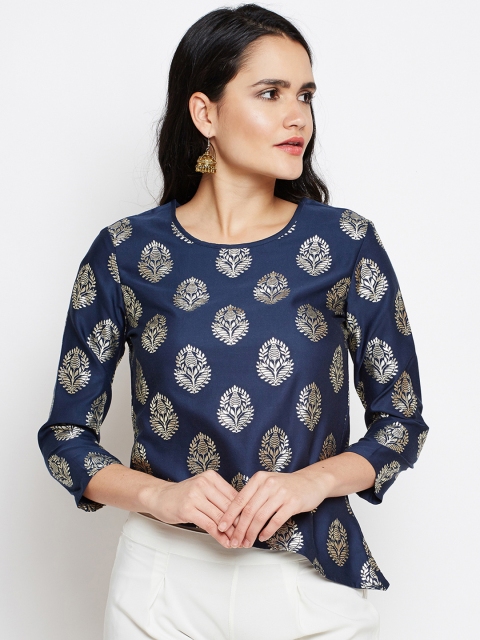 

Be Indi Women Navy Blue Printed A-Line Pure Cotton Top
