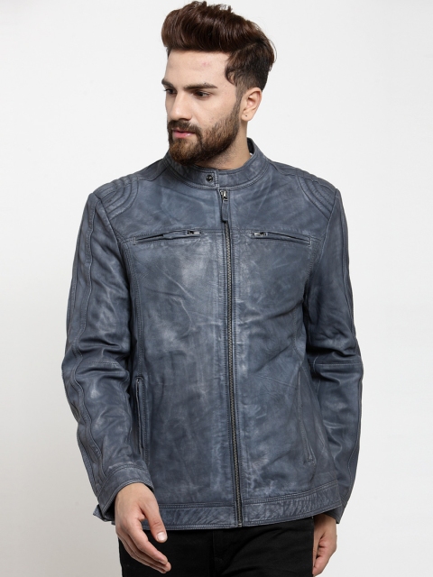 

Teakwood Leathers Men Blue Solid Biker Jacket