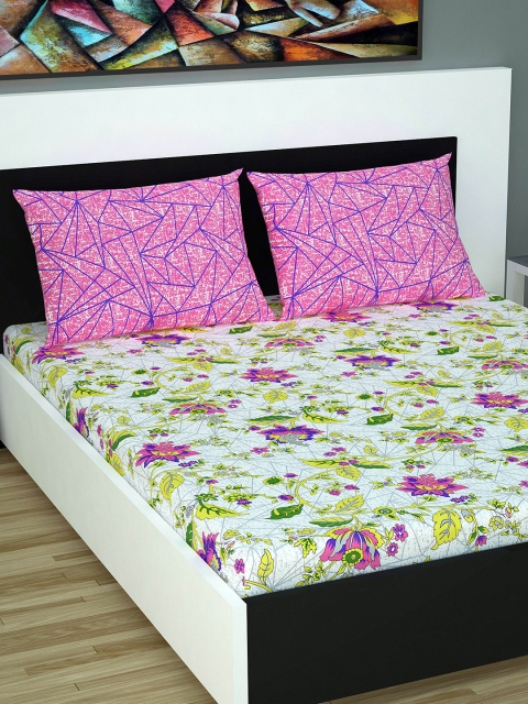 

Divine Casa Pink & Green Floral Flat 144 TC Cotton 1 Queen Bedsheet with 2 Pillow Covers
