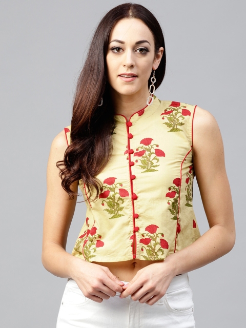 

Nayo Women Beige & Red Floral Printed Crop Pure Cotton Top