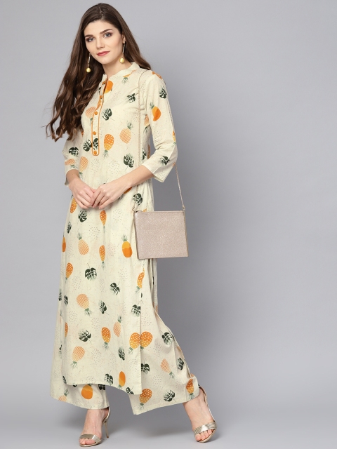 

Nayo Women Off-White & Mustard Yellow Printed Kurta with Palazzos