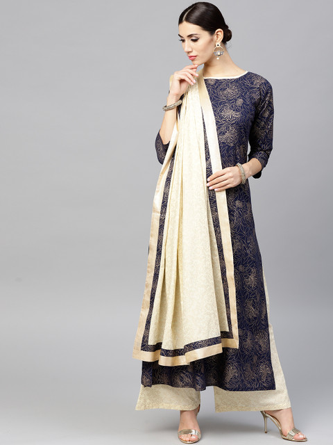

Nayo Women Navy Blue & Off-White Printed Kurta with Palazzos & Dupatta