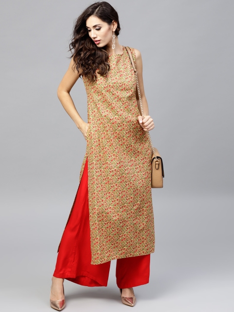 

Nayo Women Mustard Brown & Red Ditsy Floral Print Straight Kurta