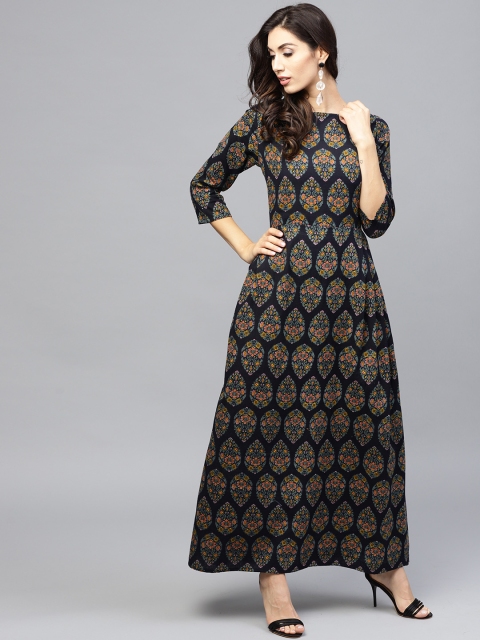 

Nayo Women Navy Blue & Green Printed Maxi Dress