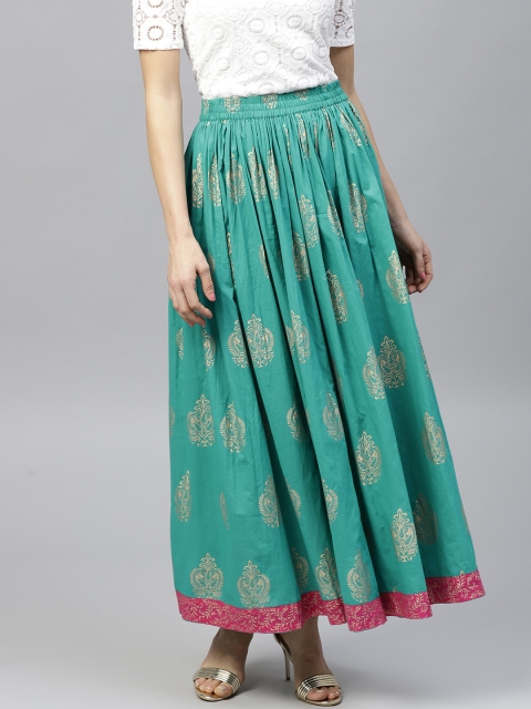 

Nayo Women Green & Golden Printed Maxi Flared Skirt