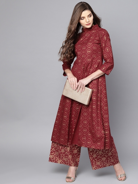 

Nayo Women Maroon & Golden Printed Kurta with Palazzos