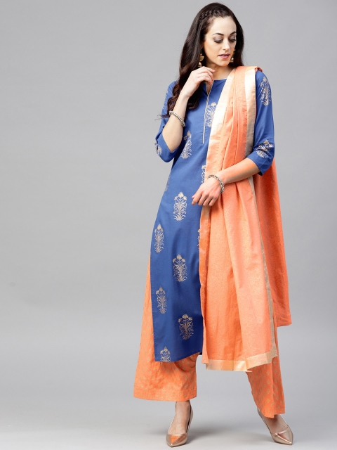 

Nayo Women Blue & Peach-Coloured Printed Kurta with Palazzos & Dupatta