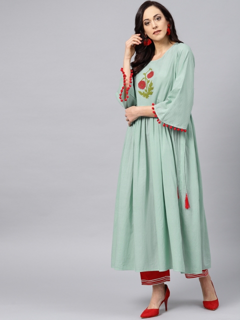 

Nayo Women Light Green & Red Solid Kurta with Trousers