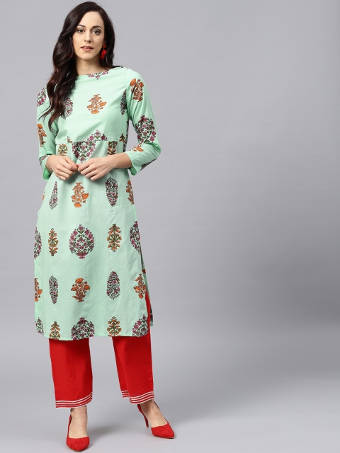 

Nayo Women Sea Green & Orange Printed Straight Kurta