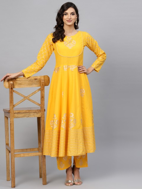 

Nayo Women Yellow & Golden Printed Kurta with Trousers