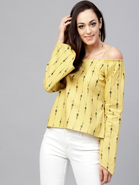 

Nayo Women Yellow & Olive Green Printed Bardot Top