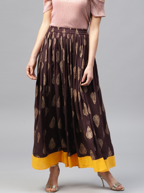 

Nayo Women Coffee Brown & Golden Printed Maxi Flared Pure Cotton Skirt