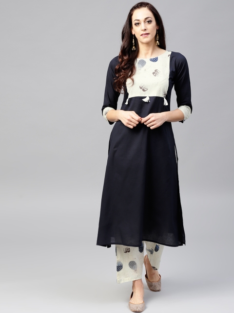 

Nayo Women Navy Blue & Off-White Yoke Design Kurta with Palazzos