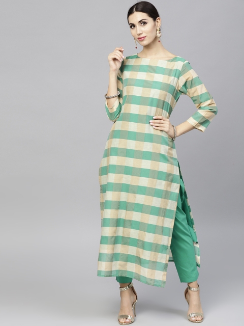 

Nayo Women Green & Beige Checked Kurta with Trousers