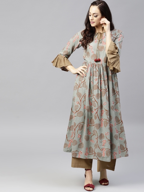 

Nayo Women Green & Brown Printed Kurta with Palazzos