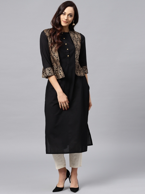 

Nayo Women Black & Golden Solid Straight Kurta with Ethnic Jacket