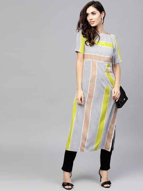 

Nayo Women White & Green Striped Straight Kurta