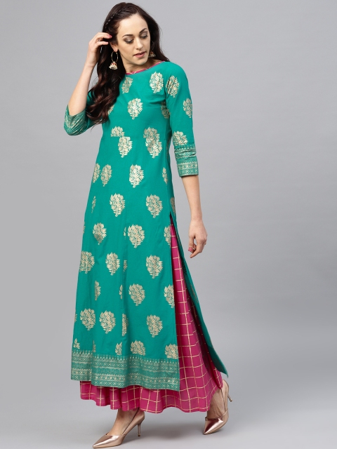 

Nayo Women Green & Pink Printed Kurta with Skirt