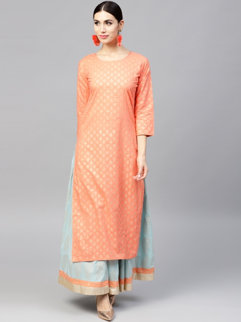 

Nayo Women Peach-Coloured & Blue Printed Kurta with Skirt