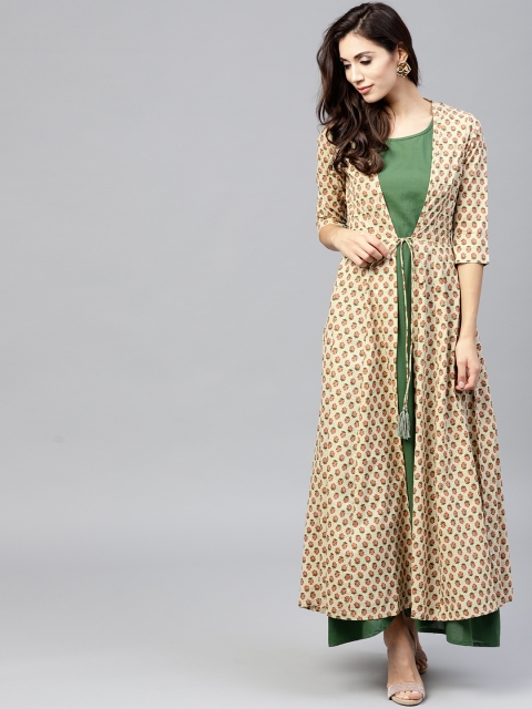 

Nayo Women Green Solid Maxi Dress with Ethnic Jacket