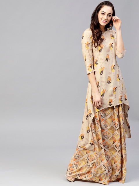 

Nayo Women Beige & Yellow Printed Kurti with Skirt