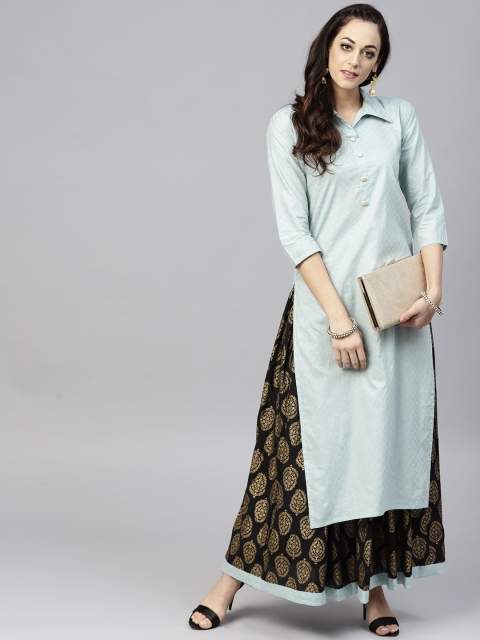 

Nayo Women Sea Green & Black Checked Kurta with Skirt